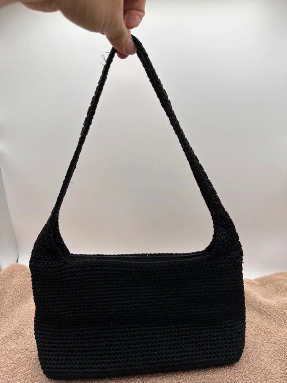 The Sak Crochet Casual Handbag Purse Hobo Stylist  Bag Lined Black